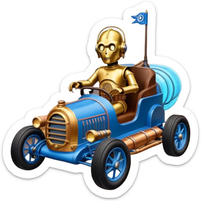  tarnished blue neon underglow C-3PO ghost buster 1964 delicately ornate rosegold wood barrel accents Model-T bucket powered by electric motors and batteries with racing safety belts while flying rapidly roughening terrain stable on strong agile advanced suspension and steering sticker