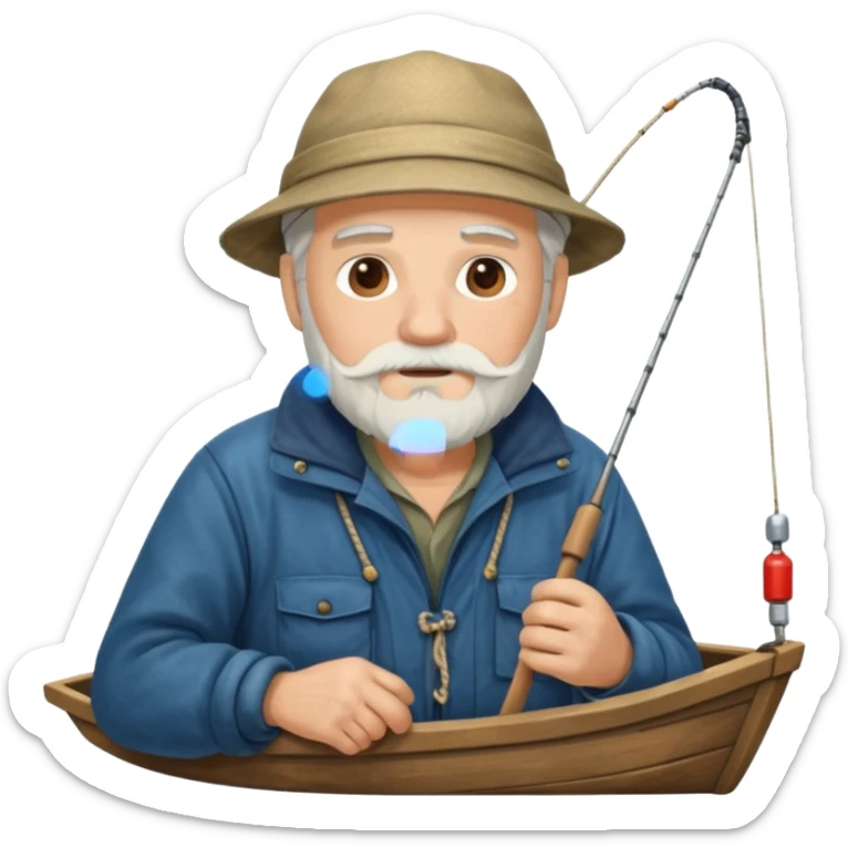 an old white haired, bearded man in fisherman attire, sat in a big boat on the ocean, casting a fishing line into the water sticker