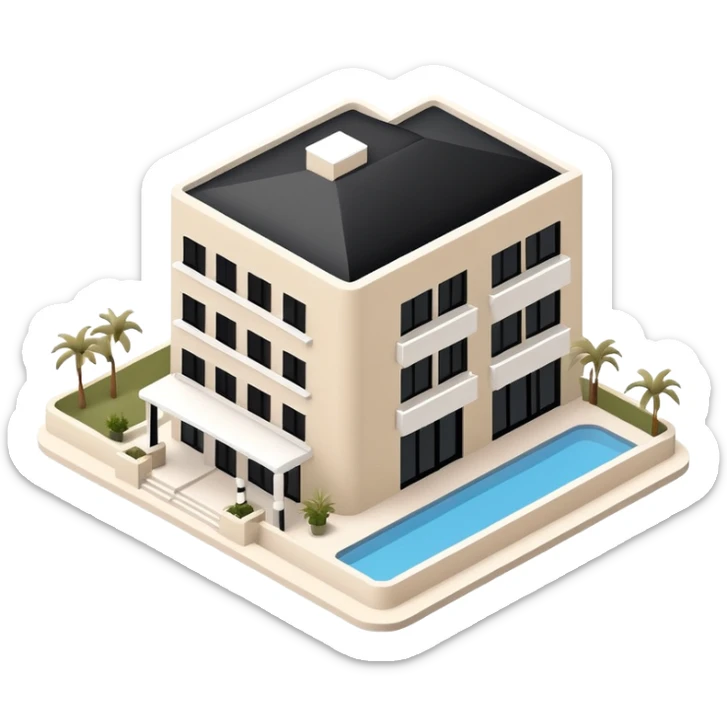 Isometric exterior beige, black and white resort hotel, modern dollhouse style 3D realistic  sticker