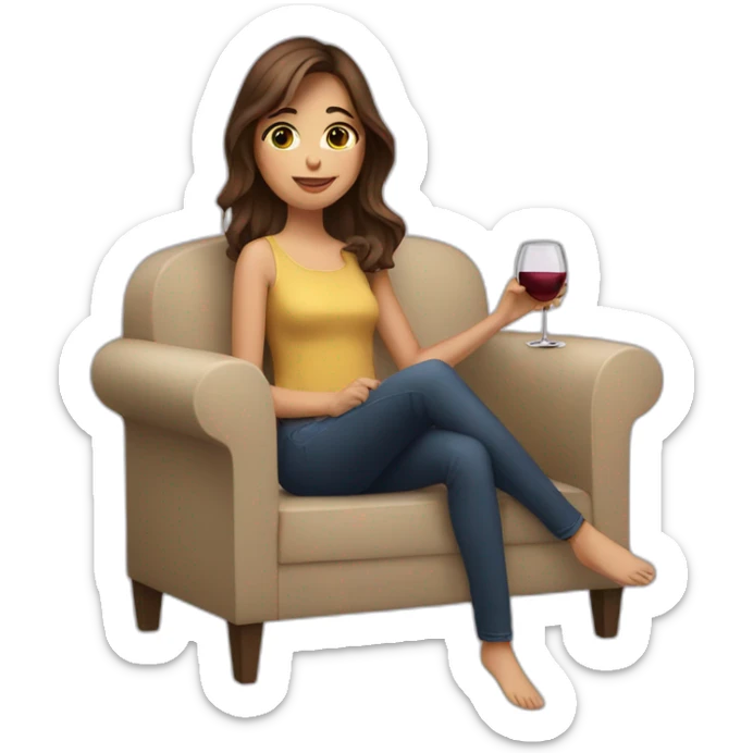 Girl with brown hair and brown eyes drinking wine sitting on a sofa sticker