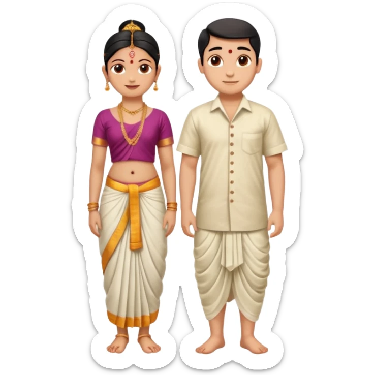 31 years young and small Brahmin boy with traditional formal cotton shirt and cotton lungi is pleasent peaceful thankful to 18 years young and fat and tall Brahmin girl with the complete decoration of bharatanatyam as godess lakshmi devi. sticker