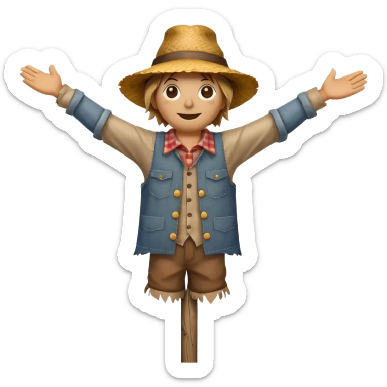 Scarecrow, Straw body, old brown hat, patched shirt, arms stretched on a wooden pole. sticker