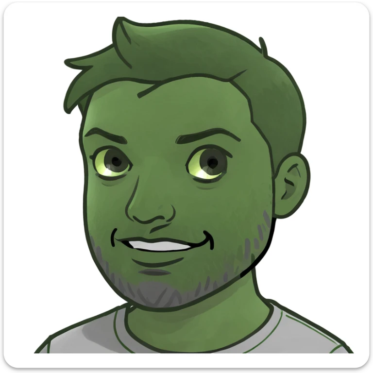 A hero emoji inspired by Moscow, featuring a character with a beard and short hair, wearing a gray t-shirt, with a purple and blue gradient background sticker