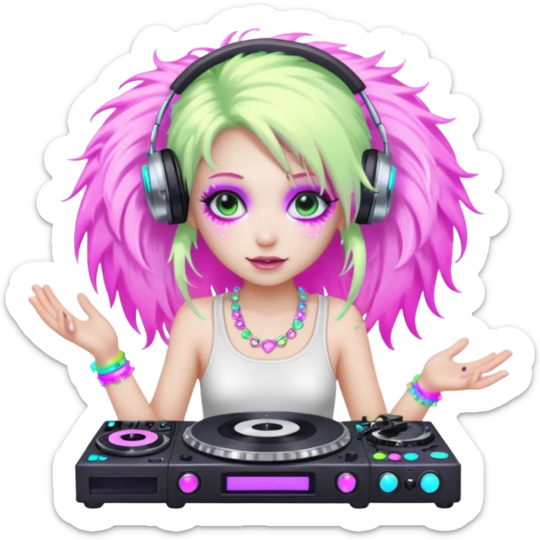  hard-techno-rave-fairy,-holding-a-dj-turntable,-wild-hair,-neon-sparkles,-minimal-background sticker
