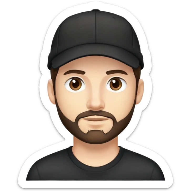 a white bro, with brunette hair, with a black cap, a black shirt and a stubble beard sticker