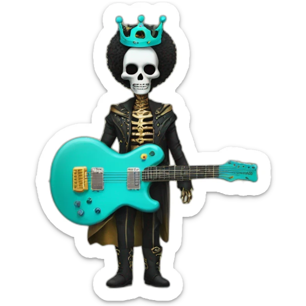 Soolking brook ;black affro cut ;turquoise electric guitar;golden crown ;skeletal face sticker