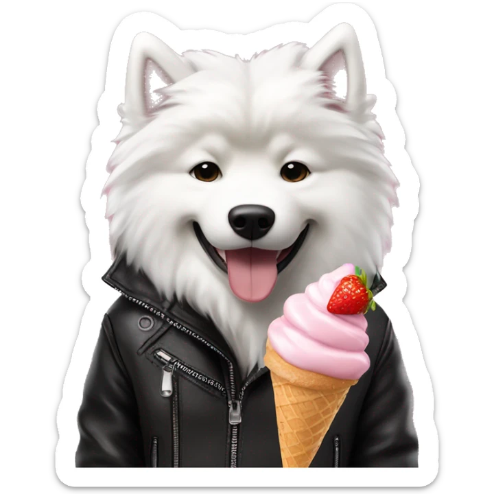 Samoyed dog eating vanila strawberry ice cream wearing black leather jacket  sticker