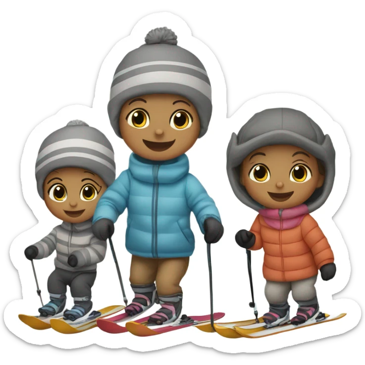 Infant skiing with its family of five, and one grey striped cat sticker