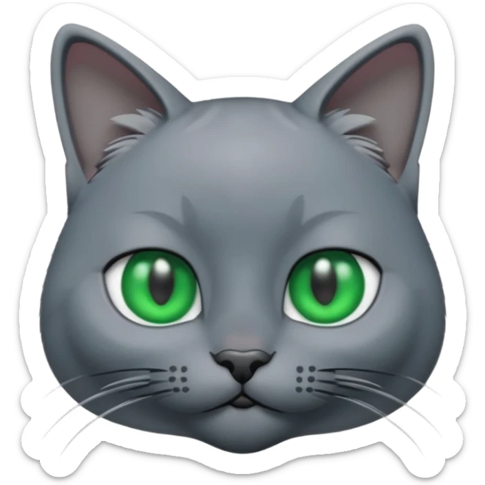 A 3D cartoon Russian Blue cat in cool silver-gray tone, smooth fur, green eyes, sleek lighting, cinematic 3D Memoji style. sticker