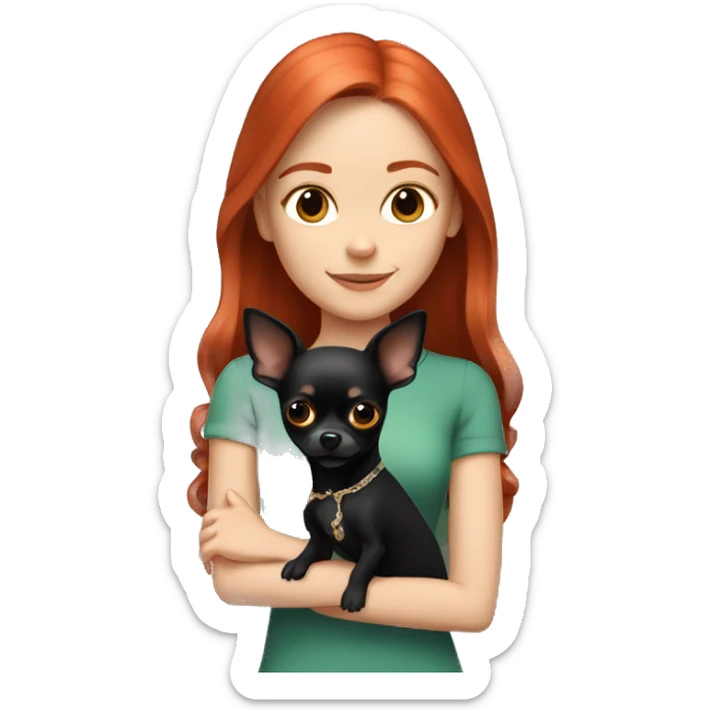 White girl with red hair holding black chihuahua  sticker