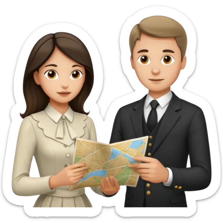 Russian man and elegant Spanish girl in elegant outfits with a map planning  sticker