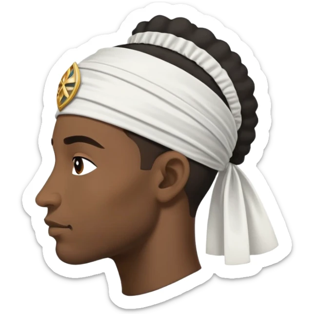 Fond : blanc uni. 	•	Symbole central : une tête de Maure (un homme noir) de profil, tournée vers la gauche (héraldique), avec : 	•	Un bandeau blanc ou serre-tête noué autour du front, 	•	Les traits du visage bien visibles (nez, lèvres, oreille), sticker