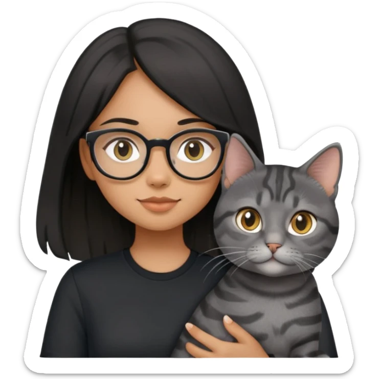 Black long haired girl with eyeglasses wearing black shirt holding a grey American shorthair cat sticker