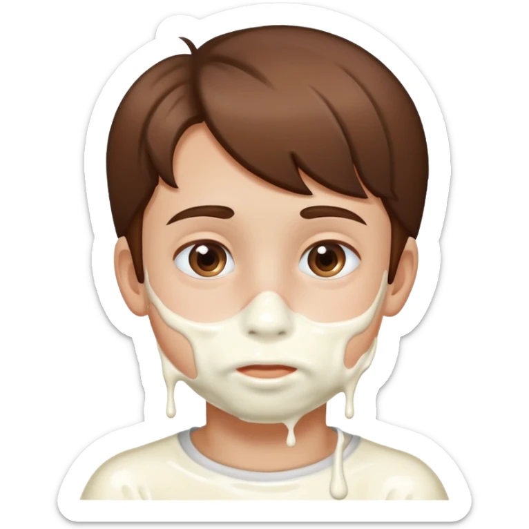 Boy with brown hair with lost of milk on face sticker