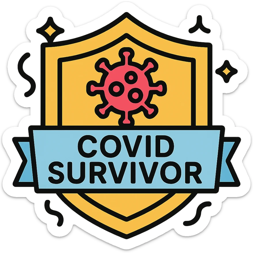 colorful badge icon with a shield and virus symbol, text 'COVID Survivor', celebratory style sticker