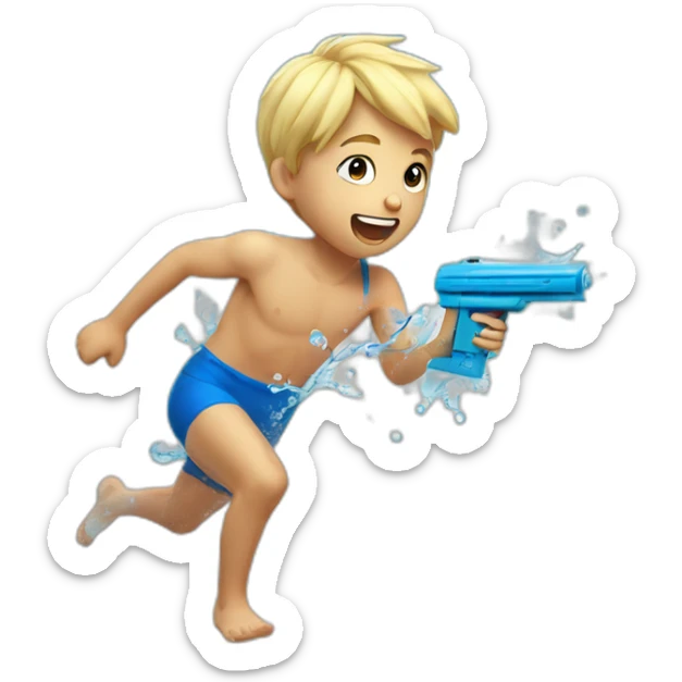 a 5 years old blonde boy in blue swimsuit running with a water gun sticker