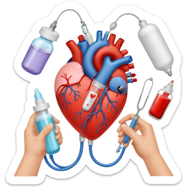 hands making a loveheart with background of stethescope, heel lancet, baby blood tubes, monitoring cables, baby bottle, cute scrapbooking paper,  sticker