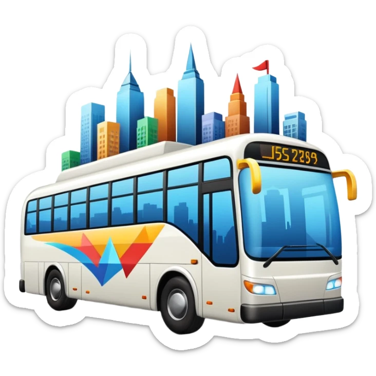 sleek bus from a 45-degree angle with three arrows leading to city symbols, no skyline, colorful sticker