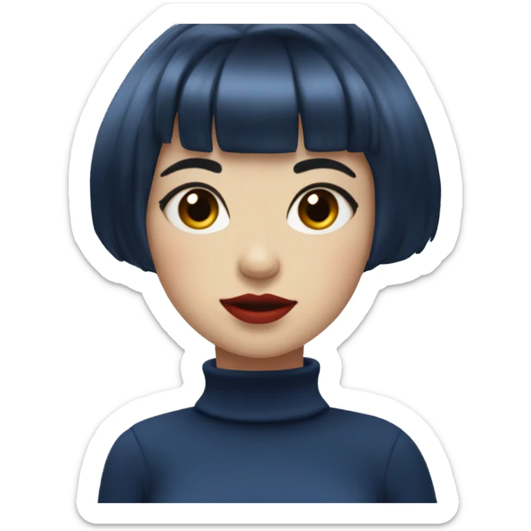 Girl with short dark blue hair and bangs, red lips, wearing a white turtleneck sticker