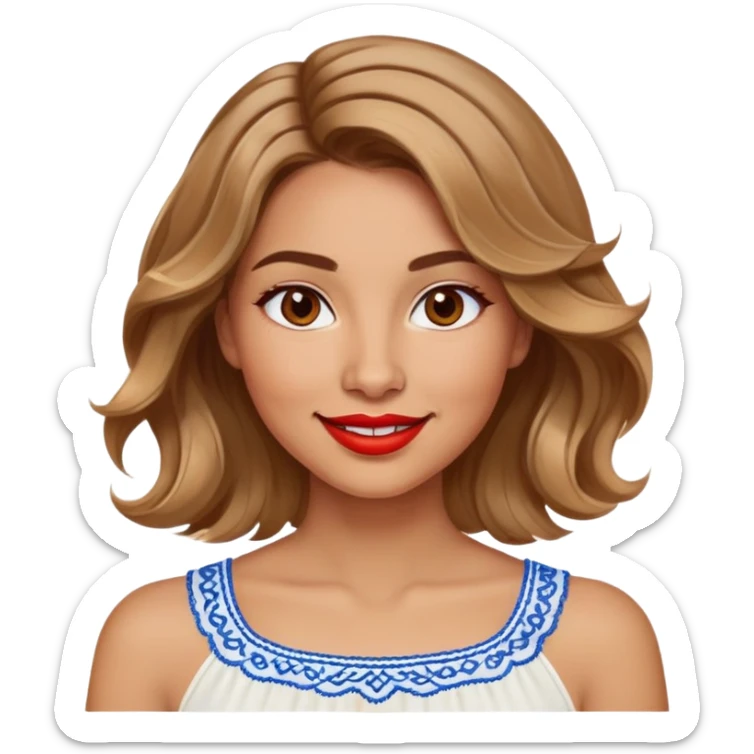 Enthusiastic woman with healthy glowing skin, round cheeks, warm smile, expressive light brown eyes, red lipstick, wavy dark blonde shoulder-length hair with highlights, summery white top with blue embroidery and electric blue neckline sticker