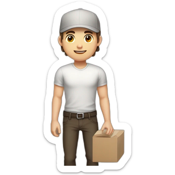 Pale skinned fit Man with dark brown hair in a light gray cap, dark brown jeans, brown polo and white T-shirt keeping a pasted with tape white box into his hands sticker