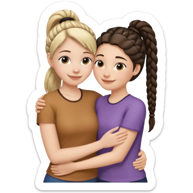 Comforting Hug two white skin women, one shorter woman with medium brown simple top ponytail, not braided, and one taller woman with a single long black side braid sticker