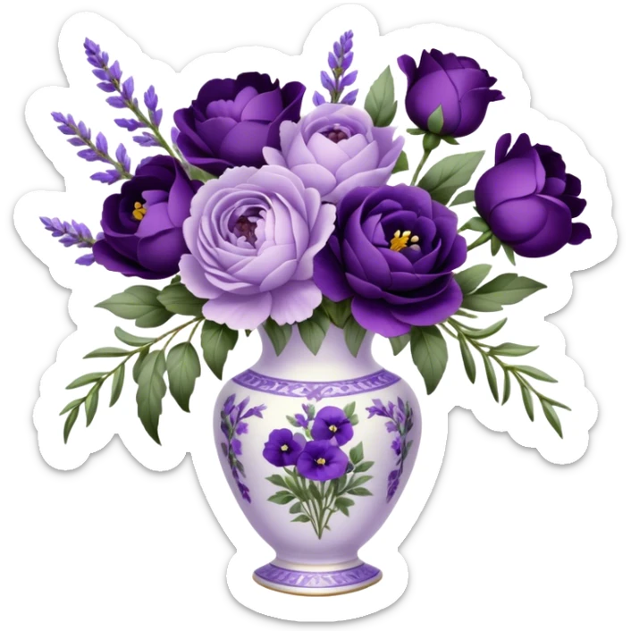 A dainty porcelain vase, hand-painted with delicate lavender pansies and deep purple roses, holds an elegant bouquet of amethyst-hued peonies, fragrant sprigs of wild lavender, and trailing silk ribbons, with a tiny heart-shaped charm dangling from its neck, swaying gently in the evening breeze.
 sticker