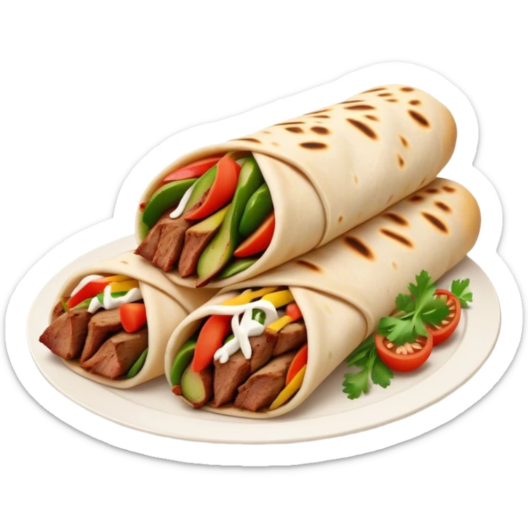 Cinematic Realistic Shawarma Dish Emoji, showcasing spiced, succulent meat wrapped in flatbread with fresh vegetables rendered with lifelike detail and dynamic, appetizing lighting. sticker