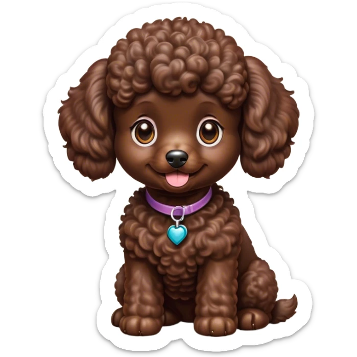 Cinematic Cute Chocolate Poodle Portrait Emoji, Head tilted playfully and inquisitively, showcasing a bouncy, curly chocolate Fur with a healthy sheen, round, sparkling brown eyes filled with curiosity, Simplified yet irresistibly adorable features, highly detailed, glowing with a warm, friendly glow, high shine, affectionate and lively, stylized with a touch of whimsy, bright and endearing, soft glowing outline, capturing the essence of a mischievous yet loving companion, so playful it feels like it could bounce out of the screen and into your arms! sticker