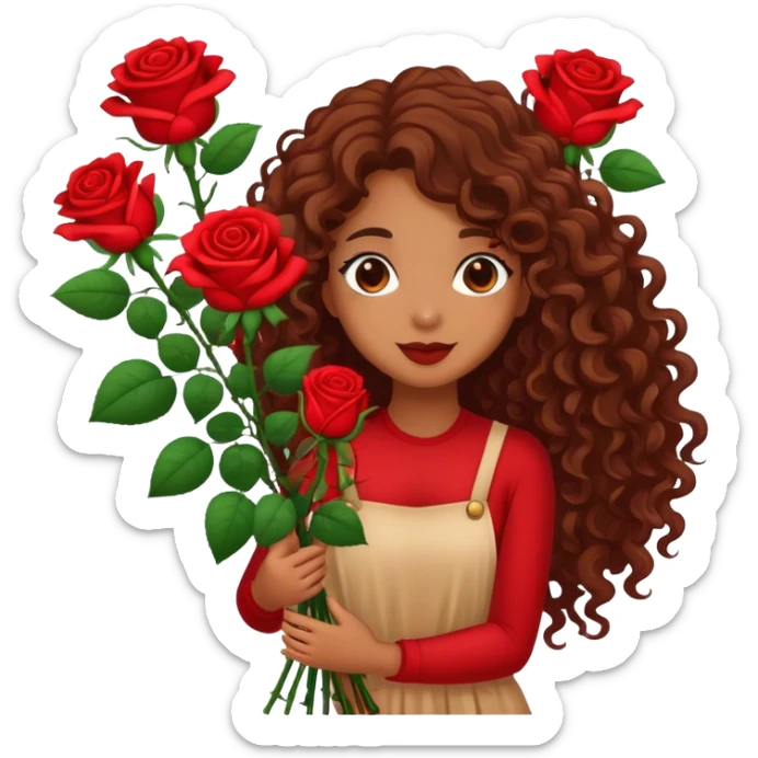 Brown girl with long curly hair holding red roses  sticker