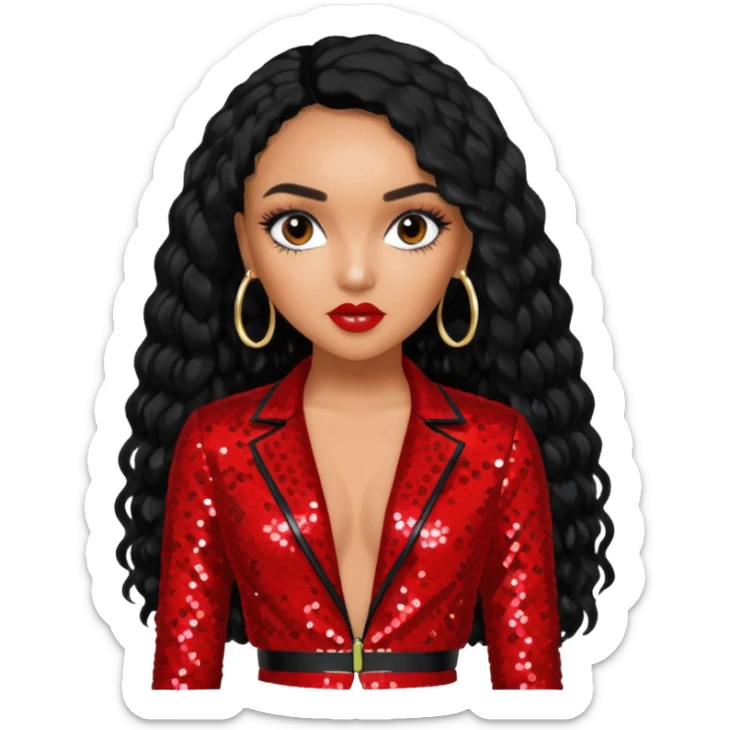 Leigh-Anne Pinnock from Little Mix with long black hair, red sequin outfit sticker