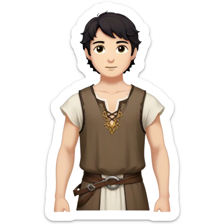 medieval summer outfit worn by a DnD themed fantasy male character. thin, sleeveless cotton tunic with a deep neckline and reinforced stitching around the shoulders. clothes only above the waist. The clothes full waist. The character's haven't arms. character is white-skinned, black hair, brown eyes, short wavy hair. sticker