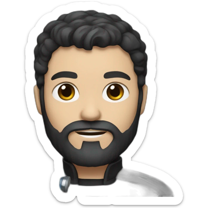 A white Portuguese with black and medium-length hair and a beard that holds a blue lightsaber moto sticker