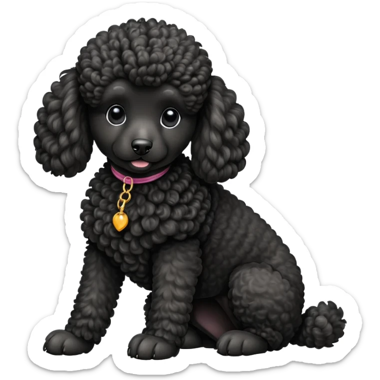 cinematic-[poodle]-realistic-full-body-sitting-emoji,-tail-resting-loosely-beside-its-paws,-head-tilted-dramatically, -curly-[black]-fur,-simplified-yet-realistic-focused-features,-highly-detailed,-glowing-with-an-almost-sarcastic-glow sticker