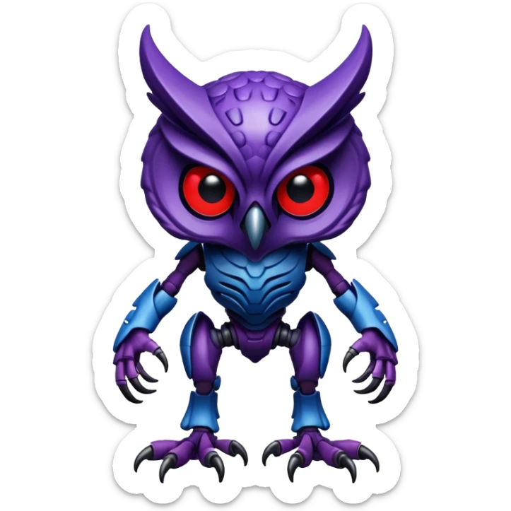 Owl xenomorph hybrid front facing full body dark purple and blue and red sticker