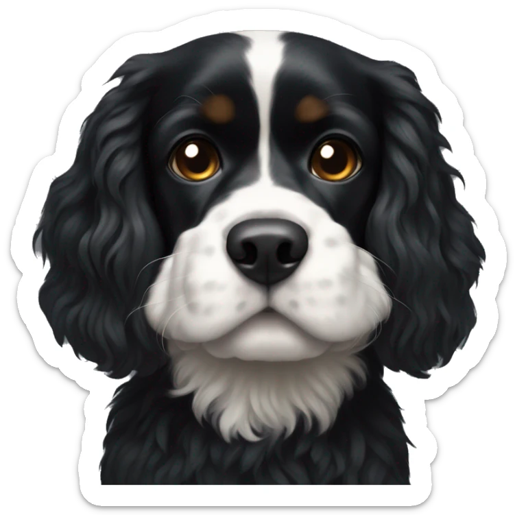 Small completely black king spaniel with black fur on his whole face and white fur on chest sticker