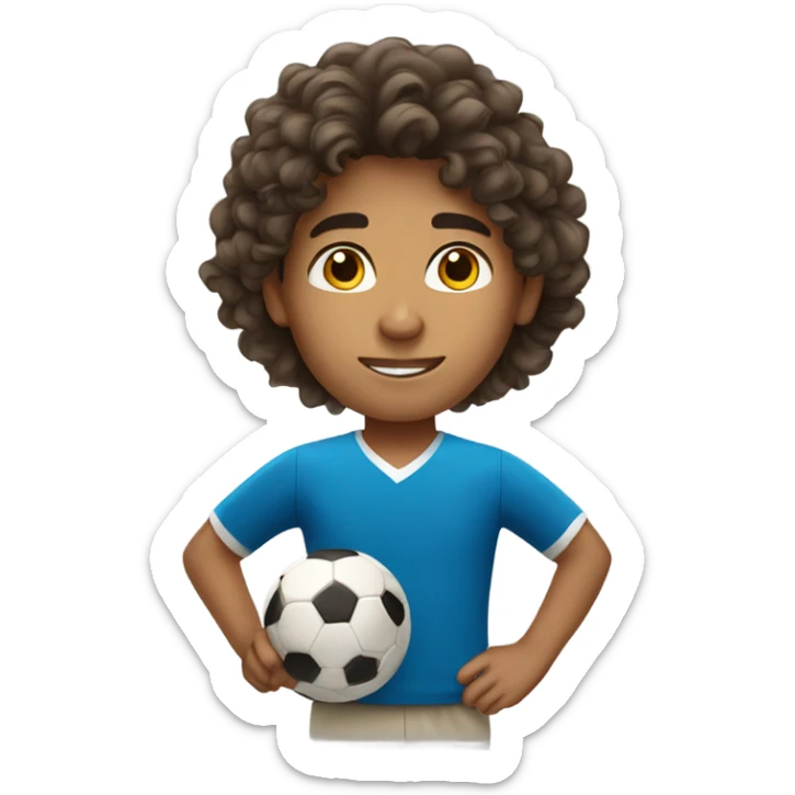 Hispanic boy with long curly hair wearing a soccer shirt sticker