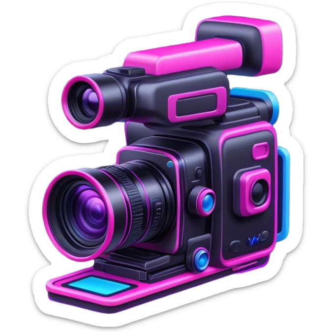 videographer's camera in pink color, with neon glow lines, blue neon glow on top left, purple neon glow on bottom right sticker