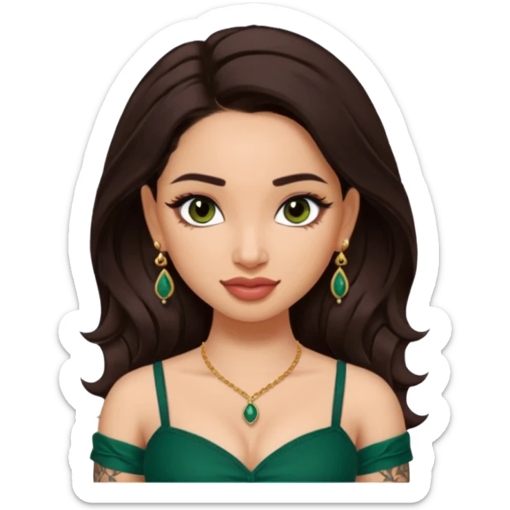 pretty bratz genmoji that looks like tamannah bhatia (bollywood actress), wearing a dark green sweetheart neckline top, dark brown hair, light makeup, no necklace, dangly earrings, side hair part, dark brown eyes, with tattoos sticker