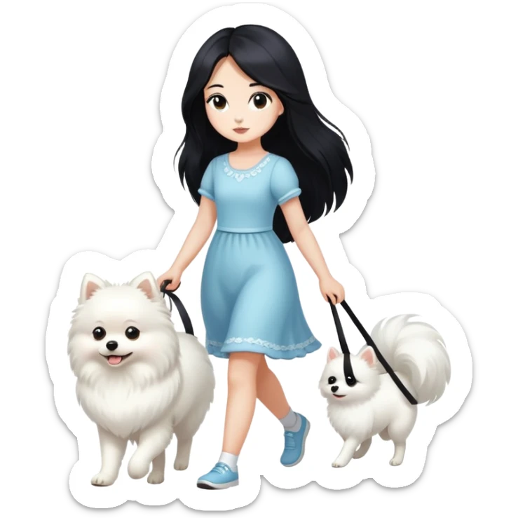 A girl with long black hair walks a white Pomeranian sticker