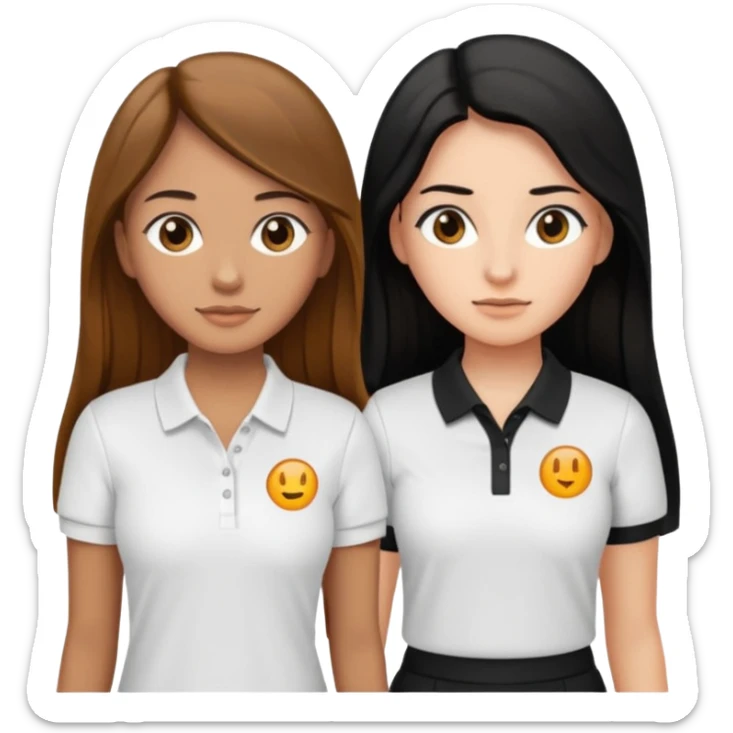 Dos mujeres juntas que una sea de color trigueña cabello largo castaño con una raya en medio polo blanco y de color blanca cabello largo negro polo negro, sticker