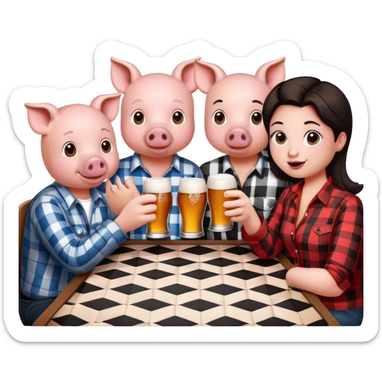 a group of friends sitting at a black and white checkered table holding beers and wearing pig noses  sticker