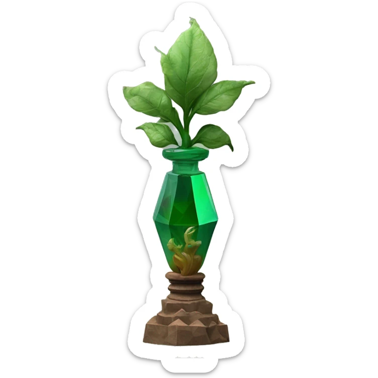 symbolic dirt humus in a bottle sculpture symbolizing Capricorn with a geometric, faceted design. The bottle is standing upright with angular and baroque features. The vibrant deep green plants colors highlights the sharp edges and planes.  sticker