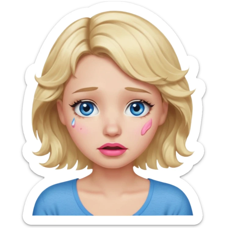 Girl Blonde short wavy hair,  blue eyes, cute blue top, long lashes, pink lips,crying with tears running down the face  sticker