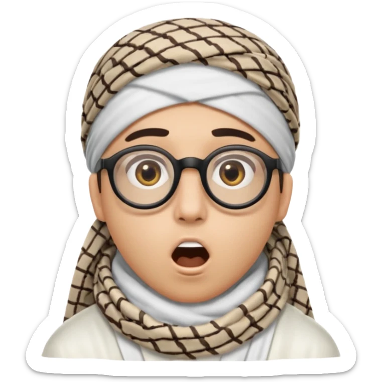 A person with light skin tone, wearing a traditional white shemagh with a BALCK AGAL, large brown eyes, round glasses, and an open mouth showing a surprised or shocked expression. sticker