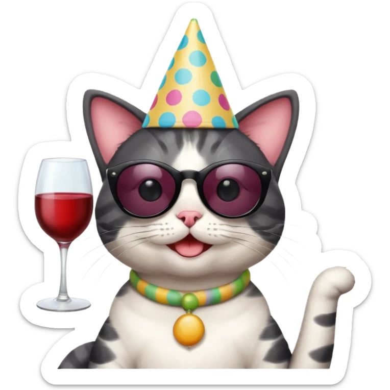happy cat with a huge polka dot birthday hat, black sunglasses, and a wine glass sticker
