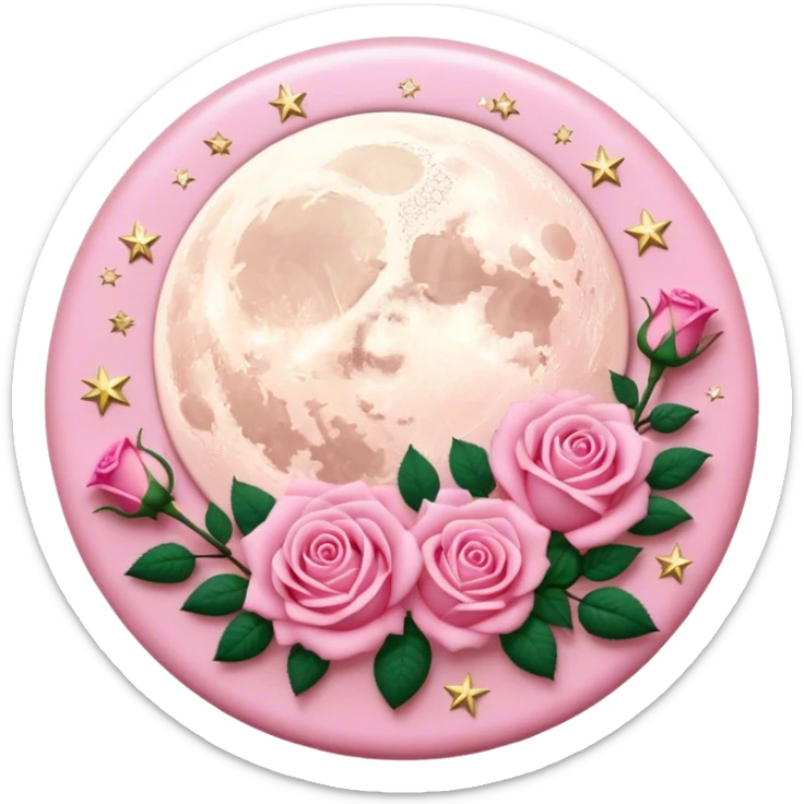 A round pink button with light cream damask lace, a full moon and stars and pink roses in the center sticker