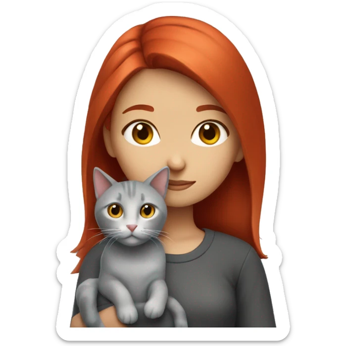 Girl with red hair (like cherry color) with her gray cat sticker