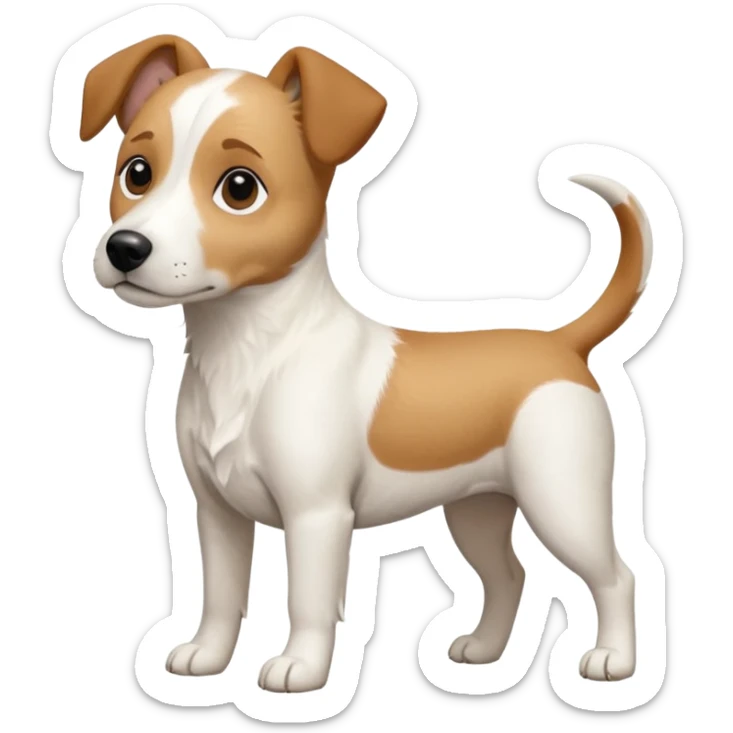 a full body facing front on of a buff white beagle cross jack russell terrier looking dog the size of a kelpie with light brown long ears resting on its face and a light brown patch above one eye and a large snout. the rest of the dog is completely white.  sticker