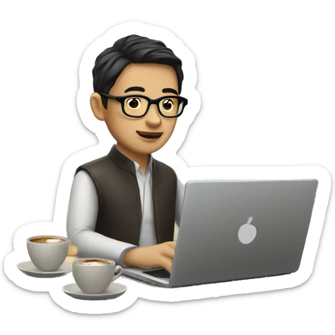 a asian human wear glasses is working on a laptop with a cup of coffee sticker